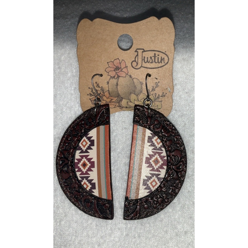 Justin Western Genuine Leather Earrings Dangle Tooled Aztec‎ Embossed NWT